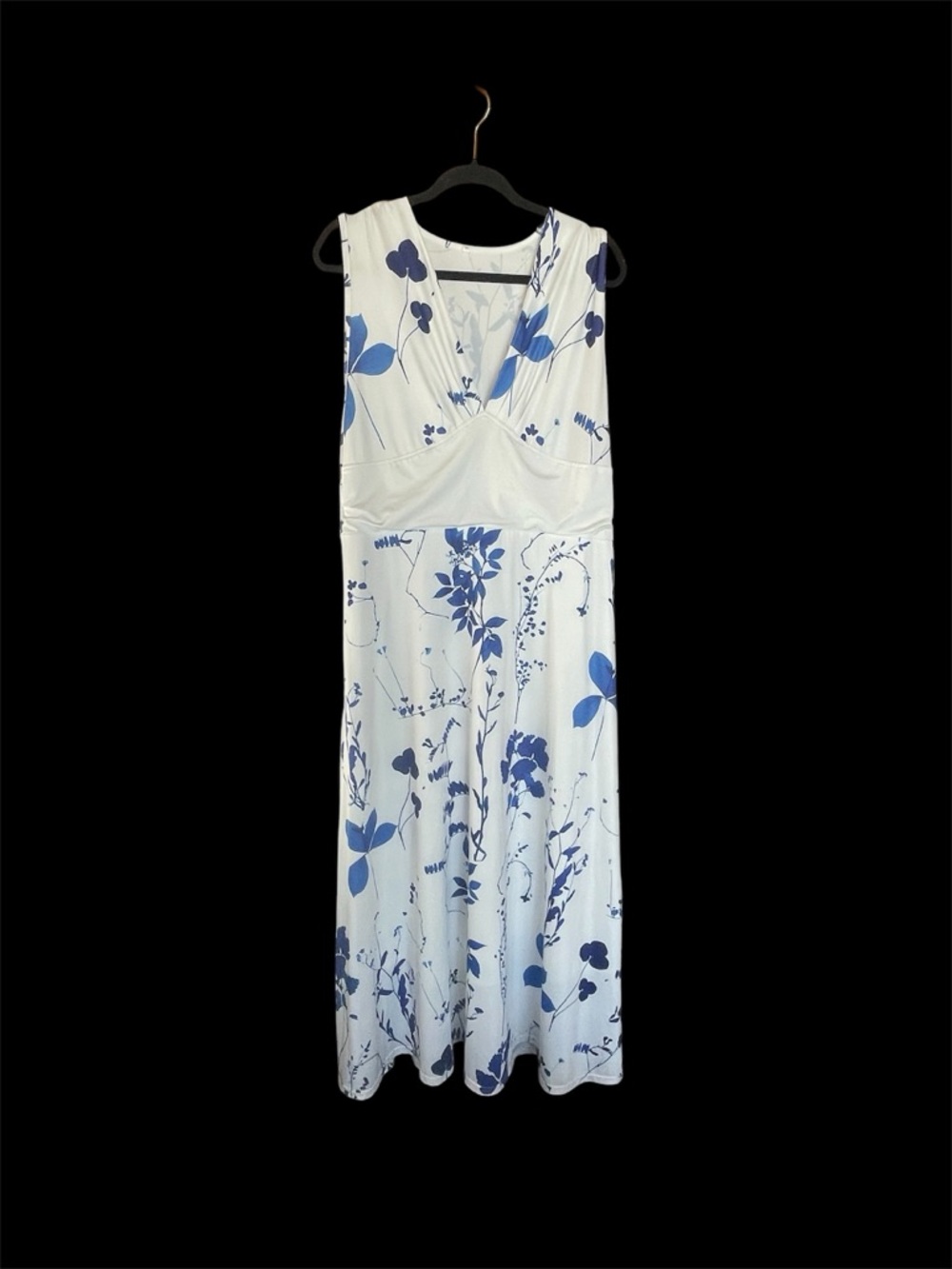 White and Blue Floral Maxi Dress - Sleeveless V-Neck